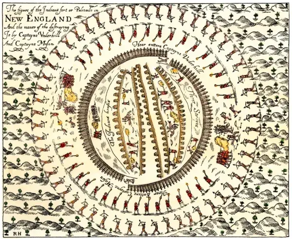 Colonial forces under Captain Mason destroy the principal Pequot Indian village during the Pequot War in New England, 1637 Colonial forces under Captain Mason destroy the principal Pequot Indian village during the Pequot War in New England, 1637