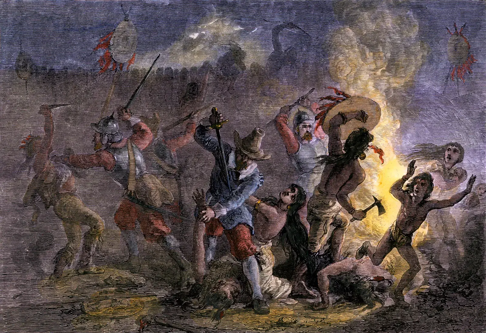 English colonists under the command of Capt. John Mason attacking the Pequot fort at Mistick, Connecticut, in May 1637 during the Pequot War English colonists under the command of Capt. John Mason attacking the Pequot fort at Mistick, Connecticut, in May 1637 during the Pequot War