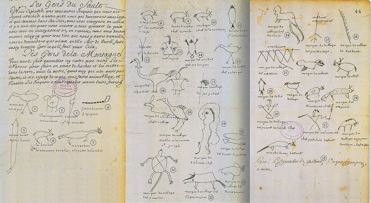 La Grande paix de Montréal signed on August 4, 1701 in Montreal, New France. Copy of the treaty including signatures of the Kingdom of France, Haudenosaunee Confederacy, Nionwentsïo, Nitassinan, Omàmiwininiwak La Grande paix de Montréal signed on August 4, 1701 in Montreal, New France. Copy of the treaty including signatures of the Kingdom of France, Haudenosaunee Confederacy, Nionwentsïo, Nitassinan, Omàmiwininiwak